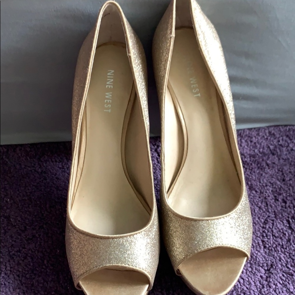 Gold Nine West open toe stilettos